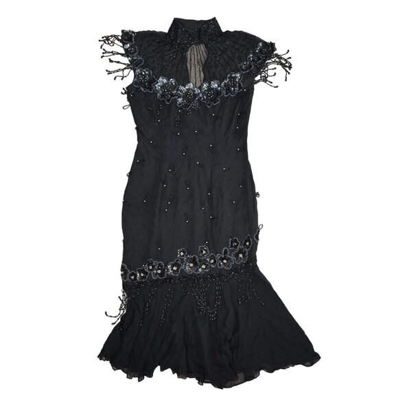 Vintage Silk Beaded Evening Gown By Gene Roye Size 6 Black With Floral Embellish - Picture 4 of 13